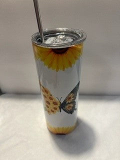 Butterfly and Sunflower Tumbler 20 oz with lid and straw