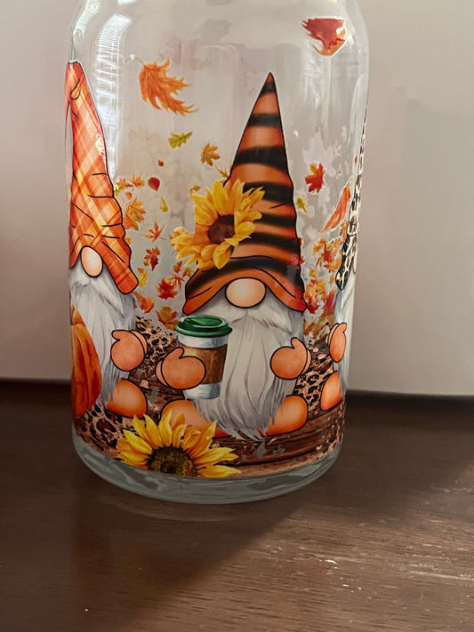 16 oz fall glass can with bamboo lid and glass straw